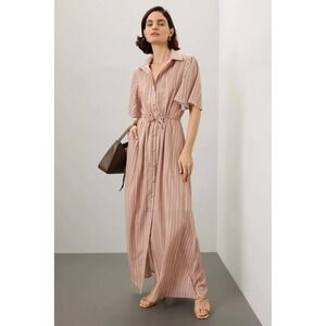 Hutch Layton Maxi Shirtdress L Tan Stripe Tie Waist Flutter Sleeve Office Vacay‎